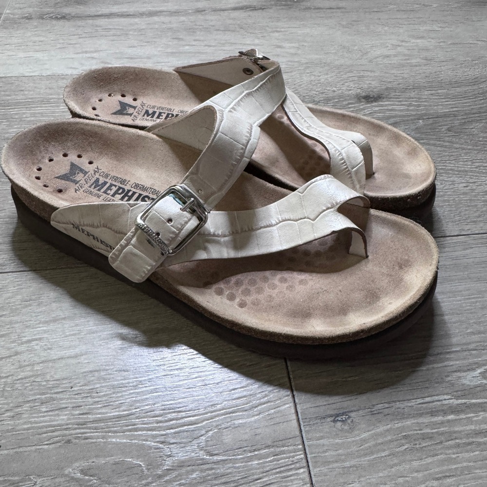 Mephisto Helen White Croc Embossed Leather Cork Footbed Sandals Womens 36 or 6